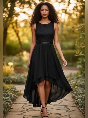 Bery Love Black Formal Cocktail LBD Dress Lace Bodice High-Low Hemline Size L